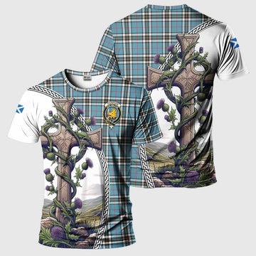 Tartan Vibes Clothing Thompson (Thomson) Agnew Tartan T-Shirt with Family Crest and St. Andrew's Cross Accented by Thistle Vines