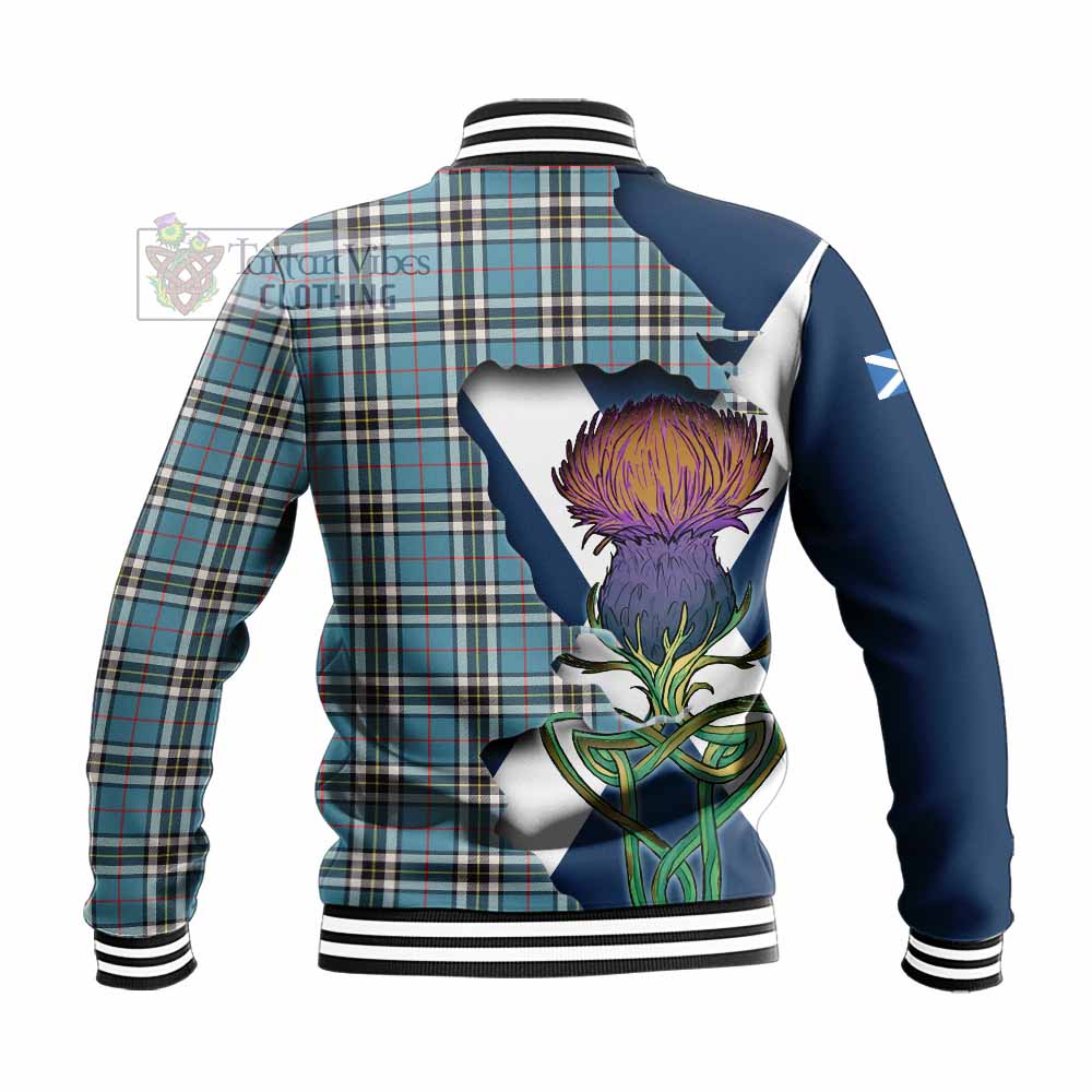 Tartan Vibes Clothing Thompson (Thomson) Tartan Family Crest Baseball Jacket Scottish Thistle Celtic Inspired