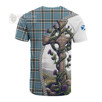 Tartan Vibes Clothing Thompson (Thomson) Tartan Cotton T-shirt with Family Crest and St. Andrew's Cross Accented by Thistle Vines