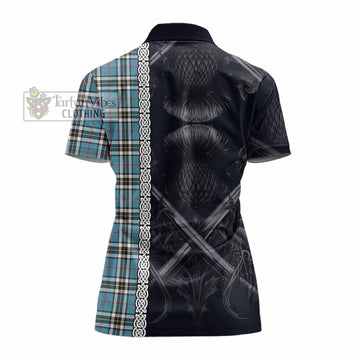 Tartan Vibes Clothing Thompson (Thomson) Tartan Women's Polo Shirt with Family Crest Cross Sword Thistle Celtic Vibes