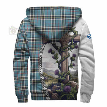 Tartan Vibes Clothing Thompson (Thomson) Tartan Sherpa Hoodie with Family Crest and St. Andrew's Cross Accented by Thistle Vines