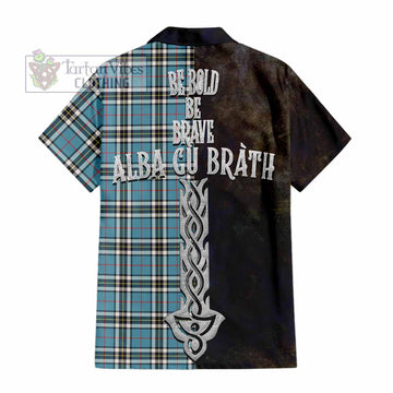 Tartan Vibes Clothing Thompson (Thomson) Tartan Family Crest Short Sleeve Button Shirt Alba Gu Brath Be Brave Lion Ancient Style