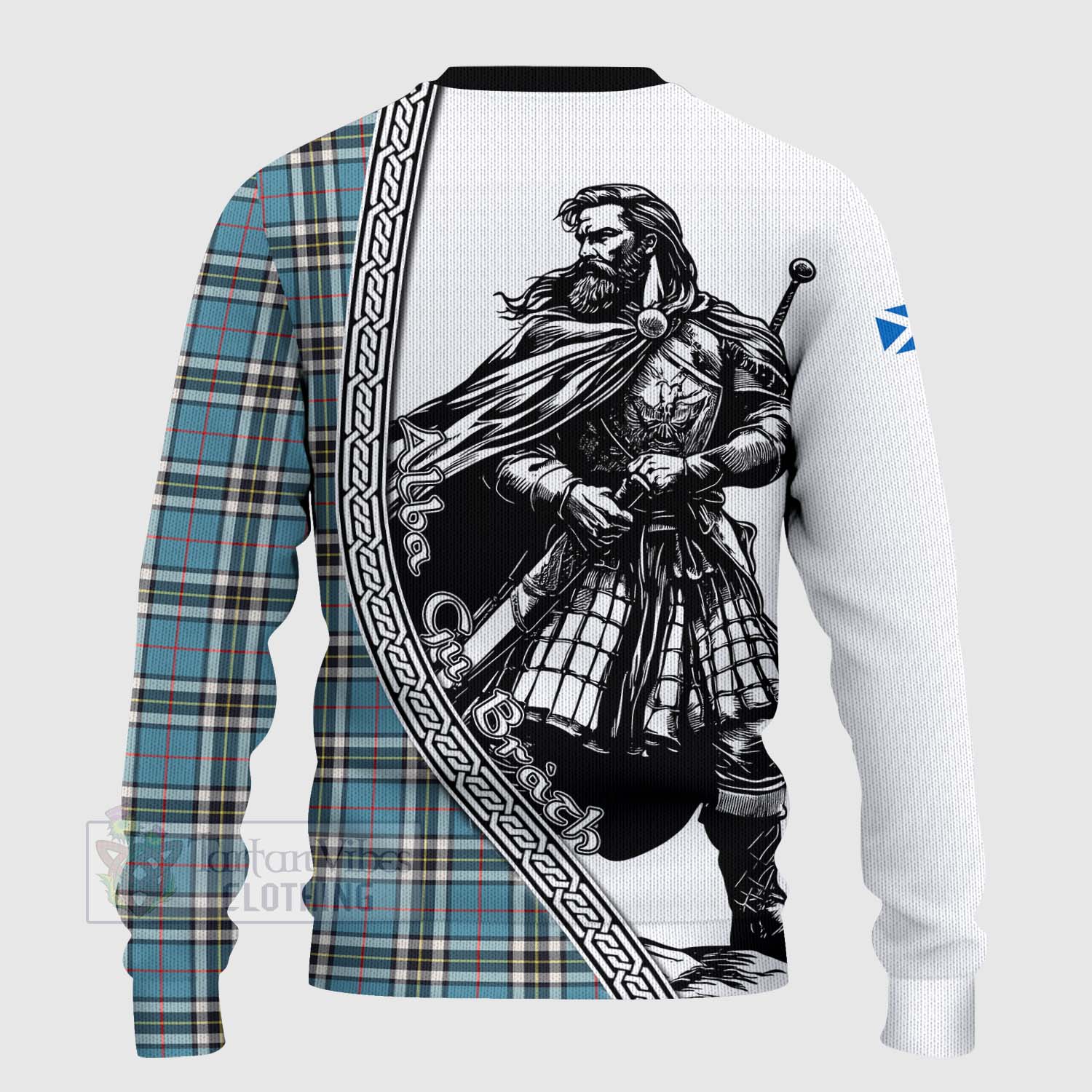Tartan Vibes Clothing Thompson (Thomson) Tartan Clan Crest Knitted Sweater with Highlander Warrior Celtic Style