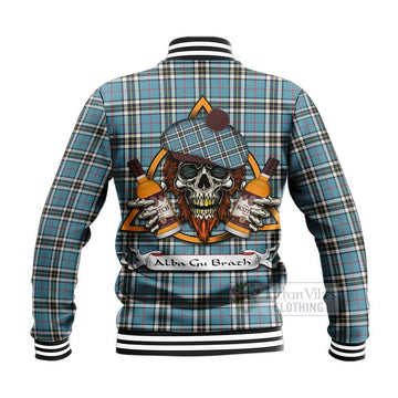 Tartan Vibes Clothing Thompson (Thomson) Tartan Baseball Jacket with Family Crest and Bearded Skull Holding Bottles of Whiskey