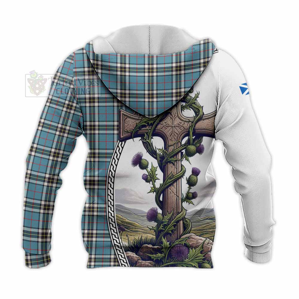 Tartan Vibes Clothing Thompson (Thomson) Tartan Knitted Hoodie with Family Crest and St. Andrew's Cross Accented by Thistle Vines