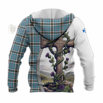 Tartan Vibes Clothing Thompson (Thomson) Tartan Knitted Hoodie with Family Crest and St. Andrew's Cross Accented by Thistle Vines