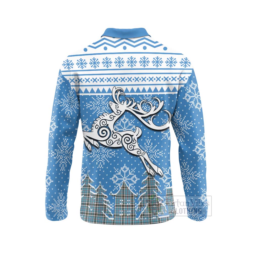 Tartan Vibes Clothing Thompson (Thomson) Clan Christmas Long Sleeve Polo Shirt Celtic Reindeer Style