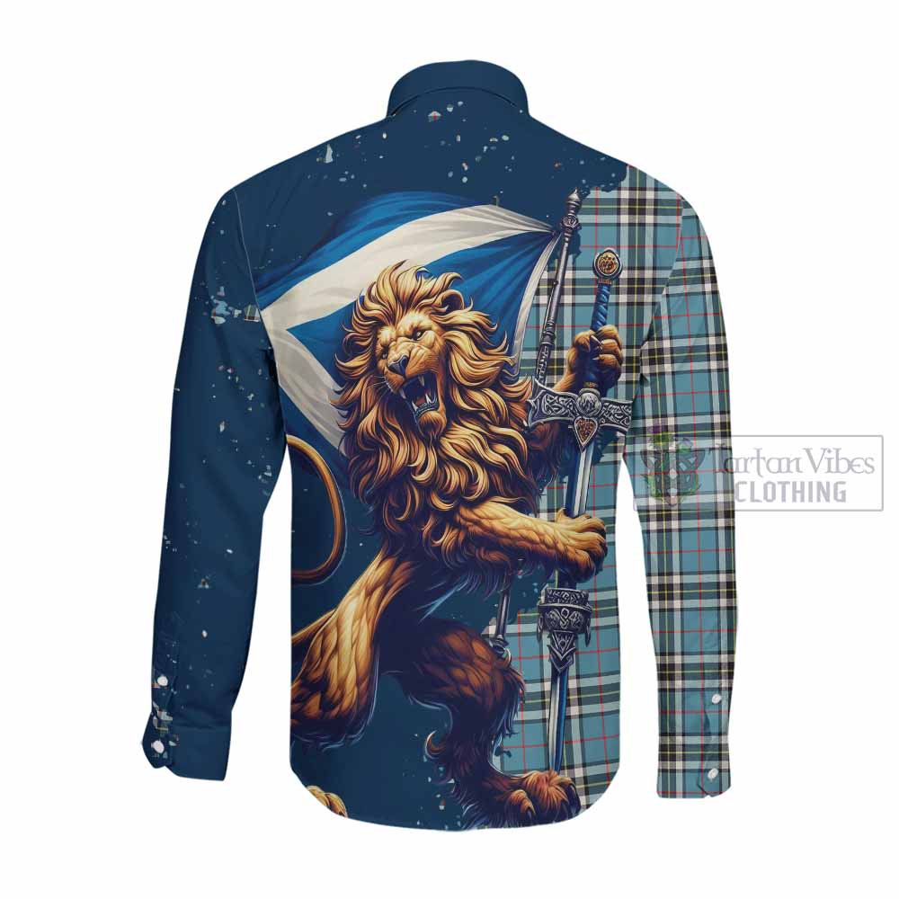 Tartan Vibes Clothing Thompson (Thomson) Tartan Family Crest Long Sleeve Button Shirt with Scottish Majestic Lion