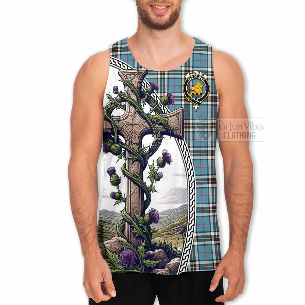 Tartan Vibes Clothing Thompson (Thomson) Tartan Men's Tank Top with Family Crest and St. Andrew's Cross Accented by Thistle Vines
