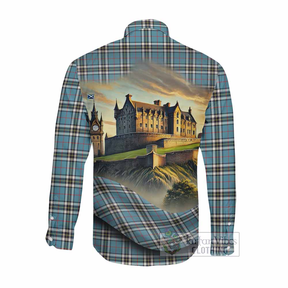 Tartan Vibes Clothing Thompson (Thomson) Tartan Family Crest Long Sleeve Button Shirt with Scottish Ancient Castle Style
