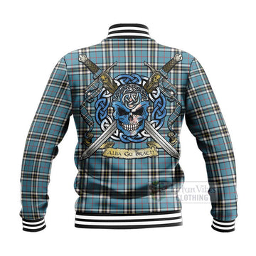 Tartan Vibes Clothing Thompson (Thomson) Tartan Baseball Jacket with Family Crest Celtic Skull Style