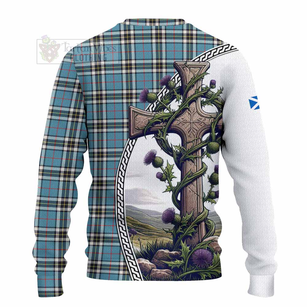Tartan Vibes Clothing Thompson (Thomson) Tartan Knitted Sweater with Family Crest and St. Andrew's Cross Accented by Thistle Vines