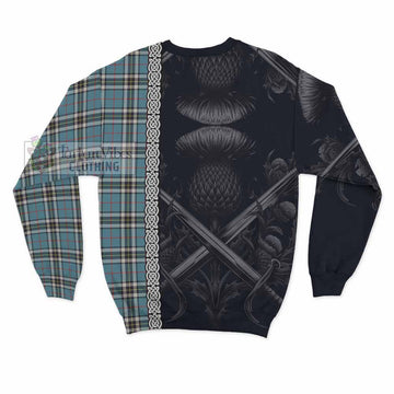 Tartan Vibes Clothing Thompson (Thomson) Tartan Sweatshirt with Family Crest Cross Sword Thistle Celtic Vibes