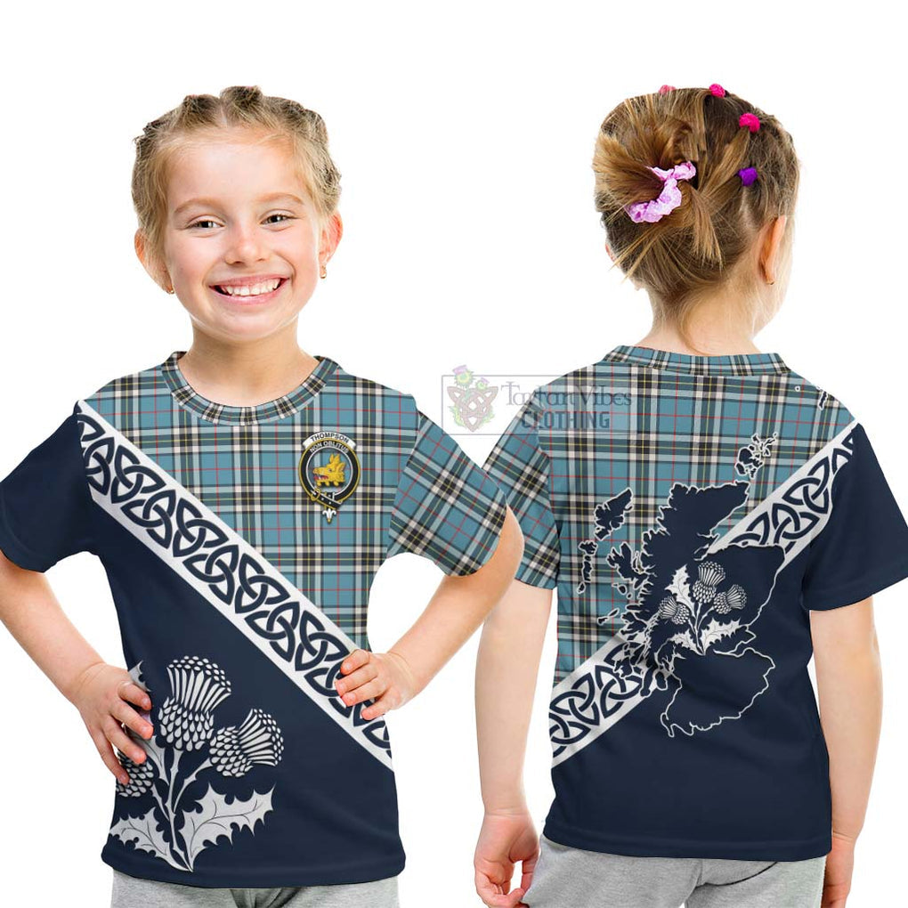 Tartan Vibes Clothing Thompson (Thomson) Tartan Kid T-Shirt Featuring Thistle and Scotland Map