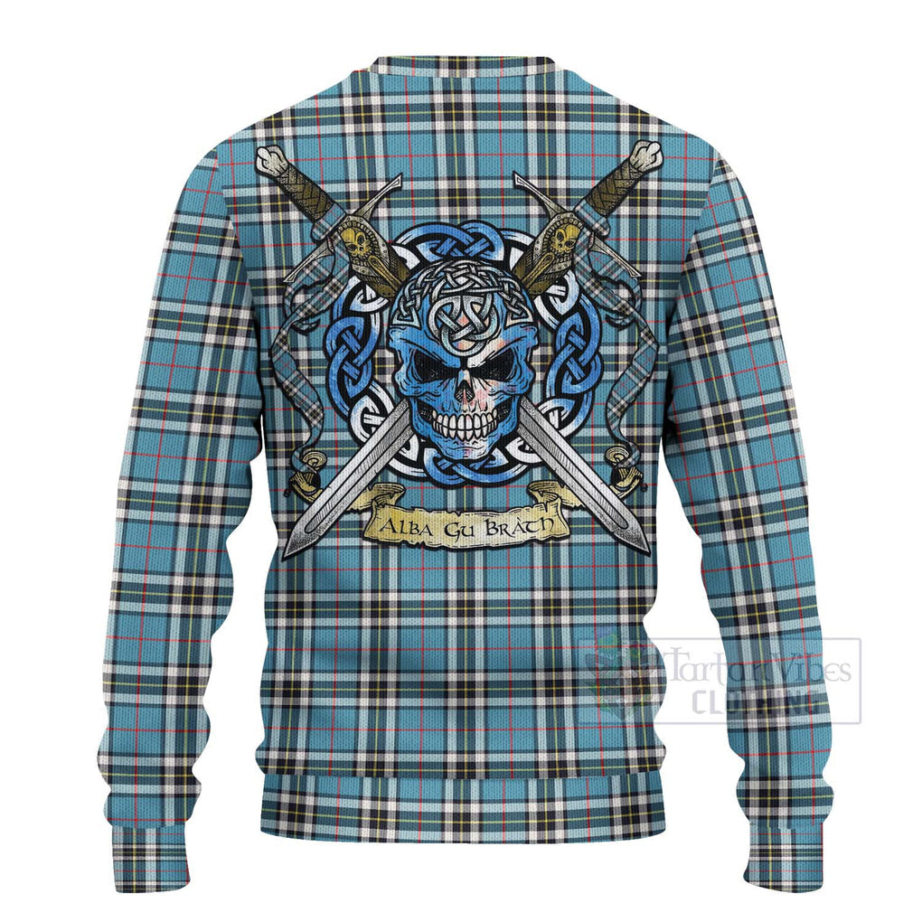 Tartan Vibes Clothing Thompson (Thomson) Tartan Knitted Sweater with Family Crest Celtic Skull Style