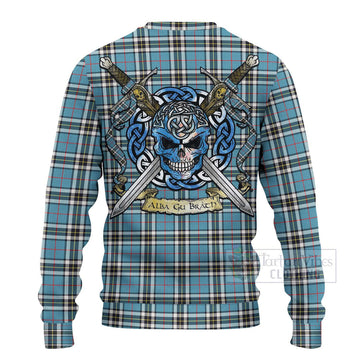 Tartan Vibes Clothing Thompson (Thomson) Tartan Knitted Sweater with Family Crest Celtic Skull Style