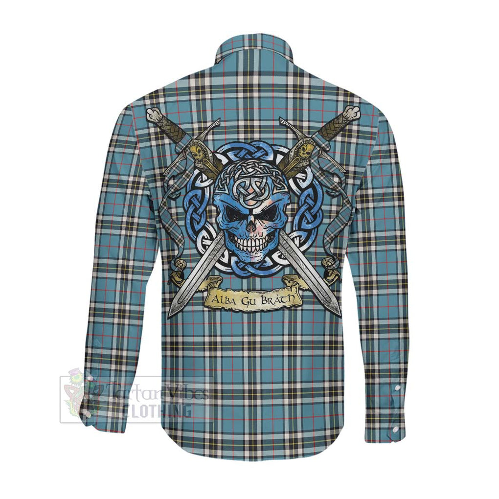 Tartan Vibes Clothing Thompson (Thomson) Tartan Long Sleeve Button Shirt with Family Crest Celtic Skull Style
