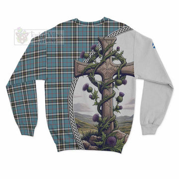Tartan Vibes Clothing Thompson (Thomson) Tartan Sweatshirt with Family Crest and St. Andrew's Cross Accented by Thistle Vines