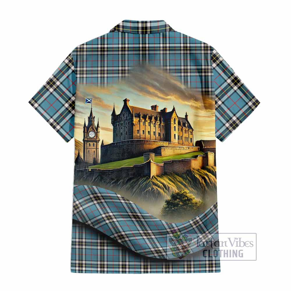 Tartan Vibes Clothing Thompson (Thomson) Tartan Family Crest Short Sleeve Button Shirt with Scottish Ancient Castle Style