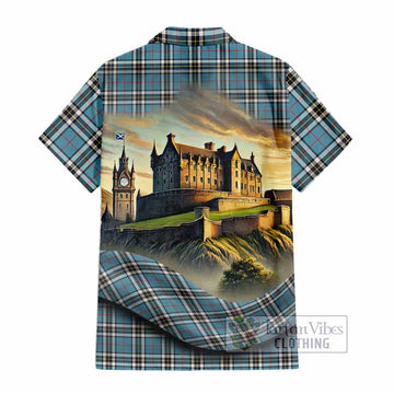 Tartan Vibes Clothing Thompson (Thomson) Tartan Family Crest Short Sleeve Button Shirt with Scottish Ancient Castle Style