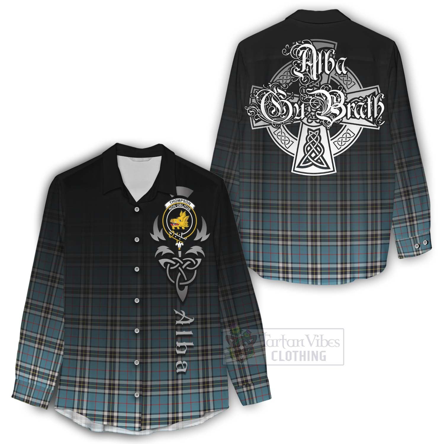 Tartan Vibes Clothing Thompson (Thomson) Tartan Women's Casual Shirt Featuring Alba Gu Brath Family Crest Celtic Inspired