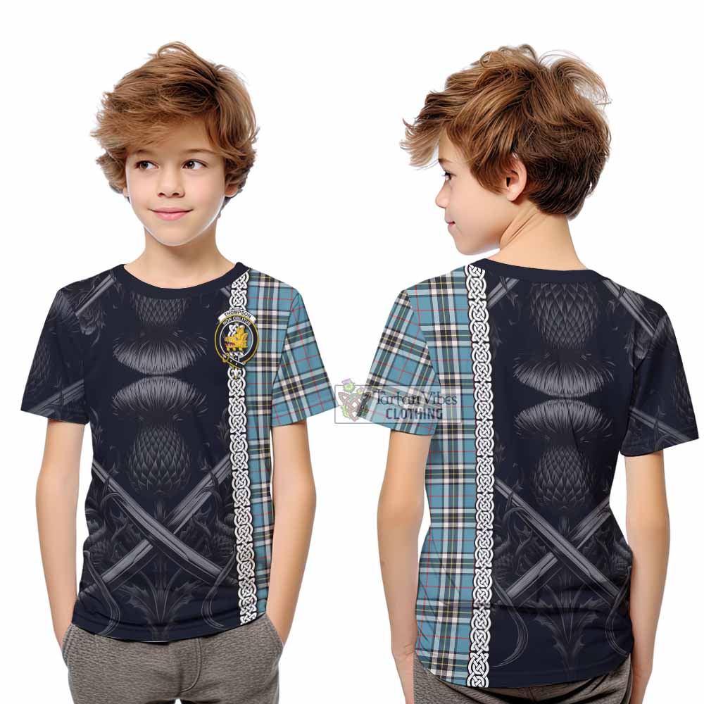 Tartan Vibes Clothing Thompson (Thomson) Tartan Kid T-Shirt with Family Crest Cross Sword Thistle Celtic Vibes