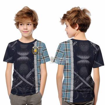 Tartan Vibes Clothing Thompson (Thomson) Tartan Kid T-Shirt with Family Crest Cross Sword Thistle Celtic Vibes