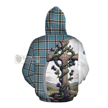 Tartan Vibes Clothing Thompson (Thomson) Tartan Cotton Hoodie with Family Crest and St. Andrew's Cross Accented by Thistle Vines