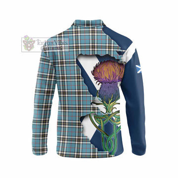 Tartan Vibes Clothing Thompson (Thomson) Tartan Family Crest Long Sleeve Polo Shirt Scottish Thistle Celtic Inspired