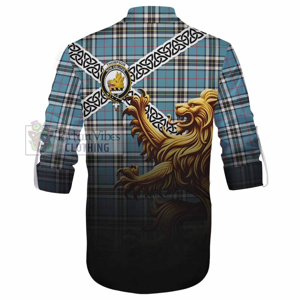 Tartan Vibes Clothing Thompson (Thomson) Crest Tartan Ghillie Kilt Shirt with Golden Lion Emblem Celtic Style