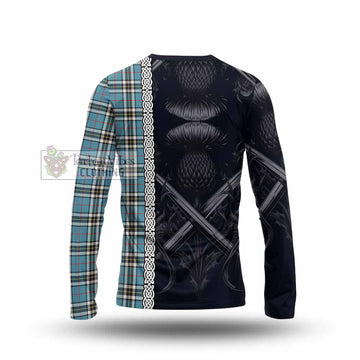 Tartan Vibes Clothing Thompson (Thomson) Tartan Long Sleeve T-Shirt with Family Crest Cross Sword Thistle Celtic Vibes