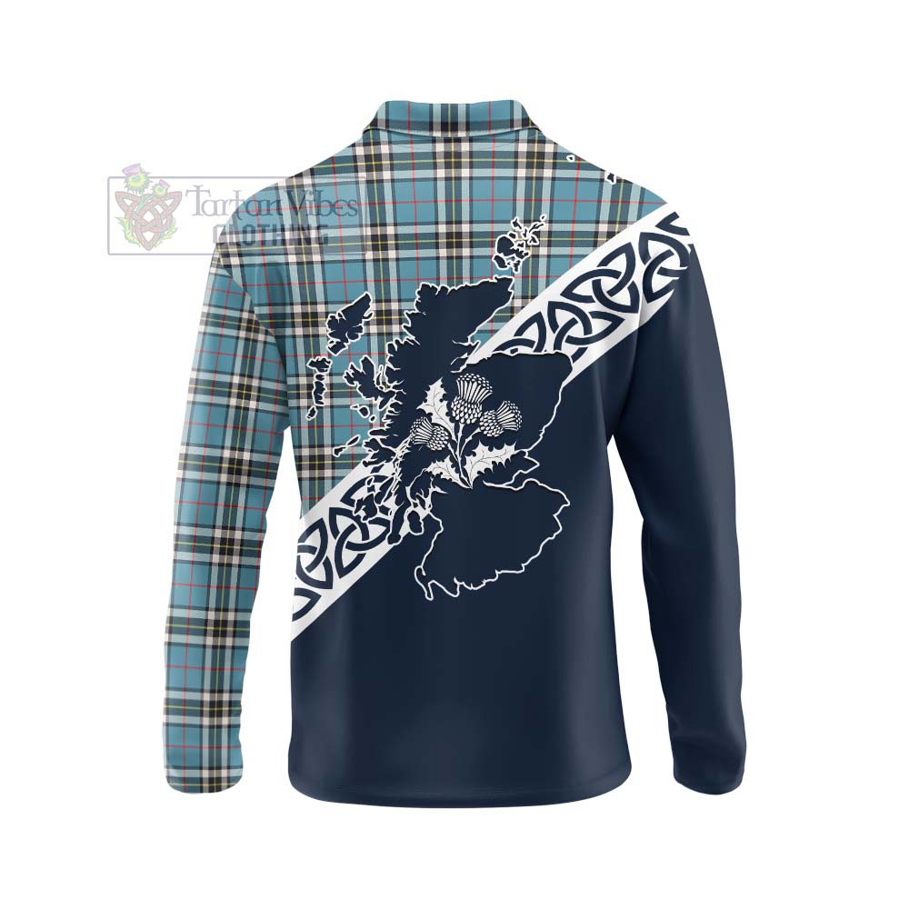 Tartan Vibes Clothing Thompson (Thomson) Tartan Long Sleeve Polo Shirt Featuring Thistle and Scotland Map
