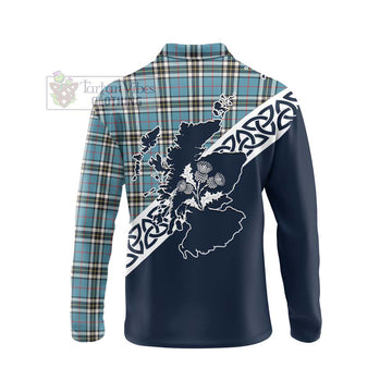 Tartan Vibes Clothing Thompson (Thomson) Tartan Long Sleeve Polo Shirt Featuring Thistle and Scotland Map