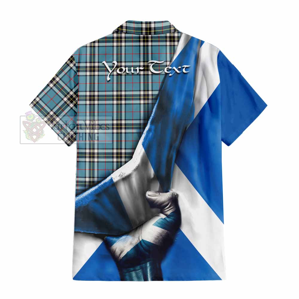 Tartan Vibes Clothing Thompson (Thomson) Tartan Short Sleeve Button Shirt with Family Crest Scotland Patriotic Style