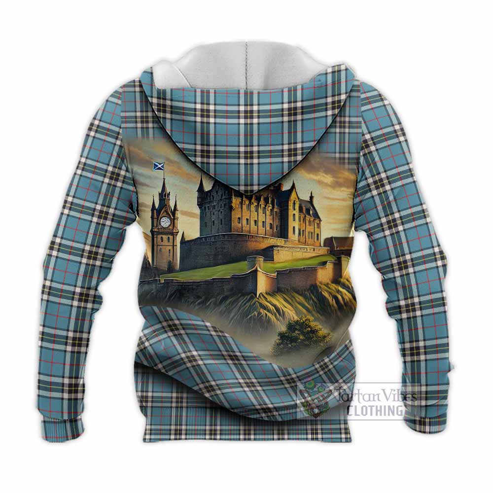 Tartan Vibes Clothing Thompson (Thomson) Tartan Family Crest Knitted Hoodie with Scottish Ancient Castle Style