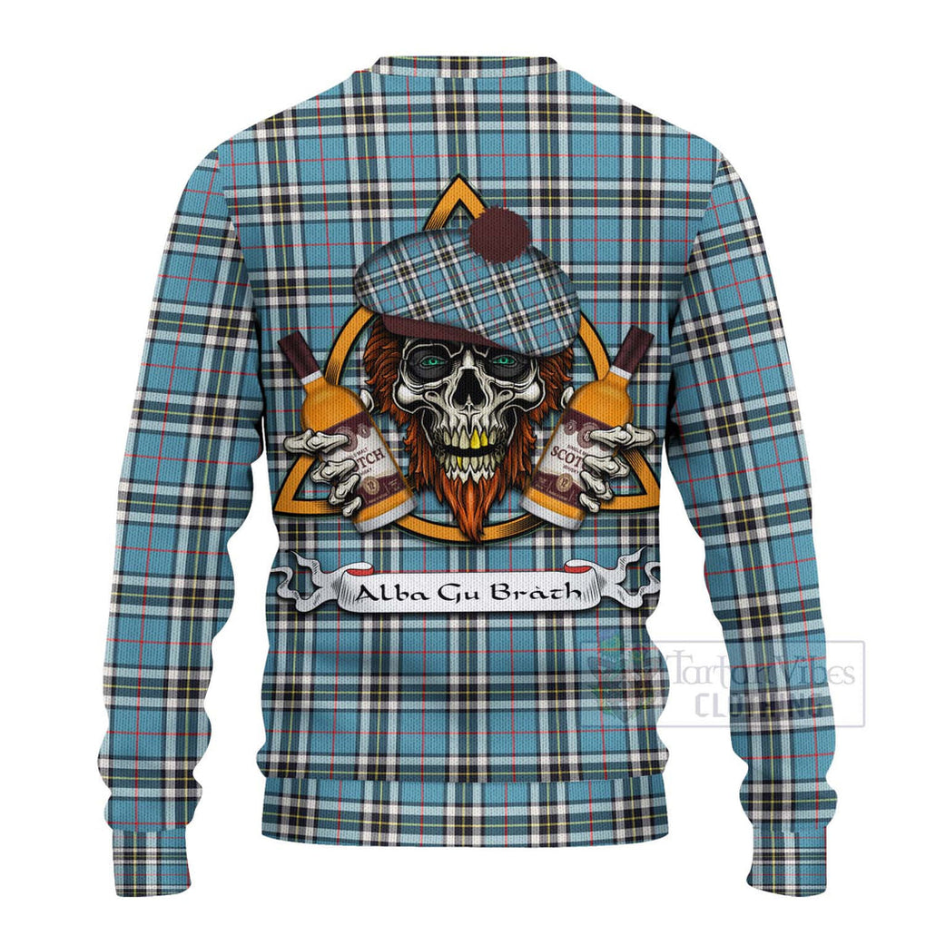Tartan Vibes Clothing Thompson (Thomson) Tartan Knitted Sweater with Family Crest and Bearded Skull Holding Bottles of Whiskey