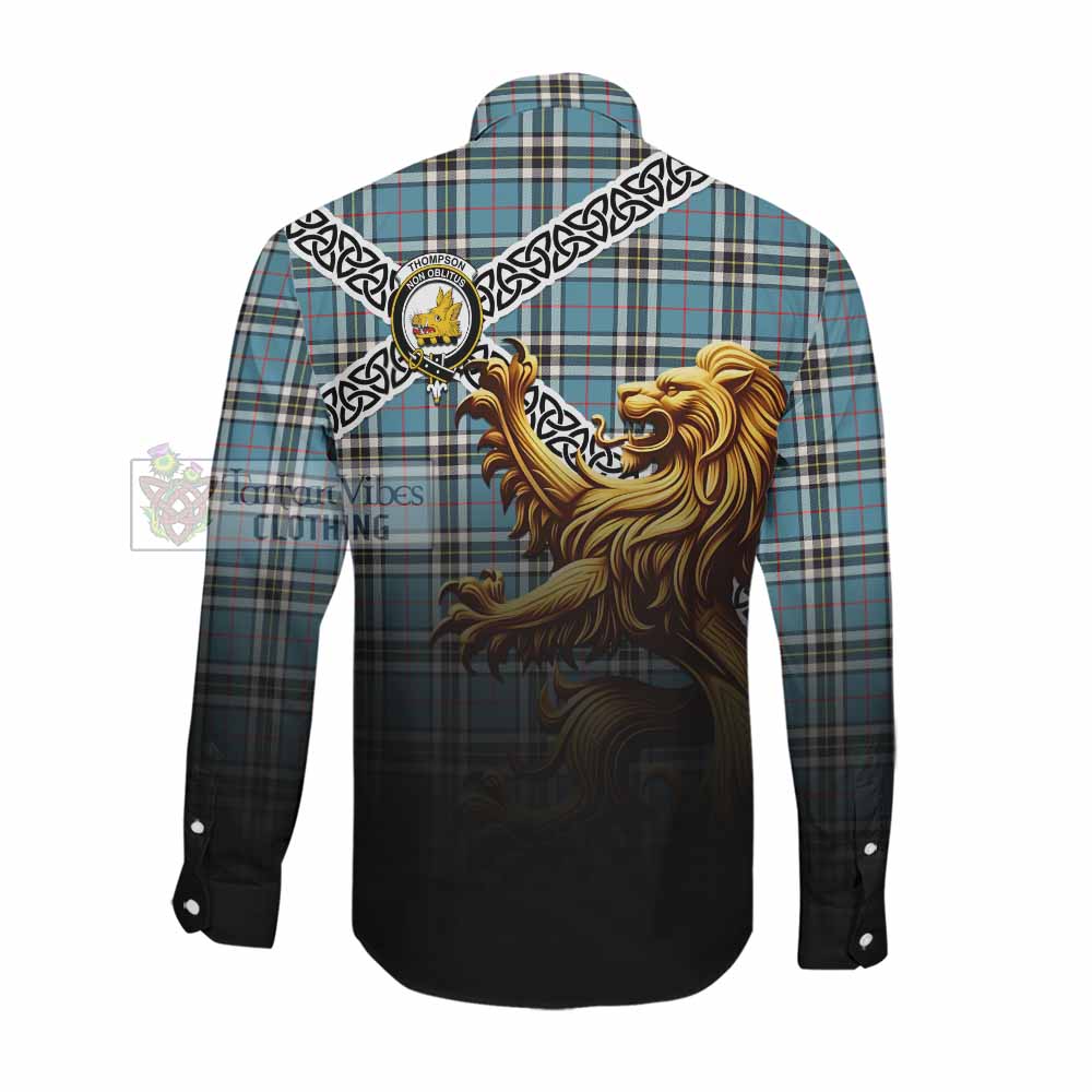 Tartan Vibes Clothing Thompson (Thomson) Crest Tartan Long Sleeve Button Shirt with Golden Lion Emblem Celtic Style