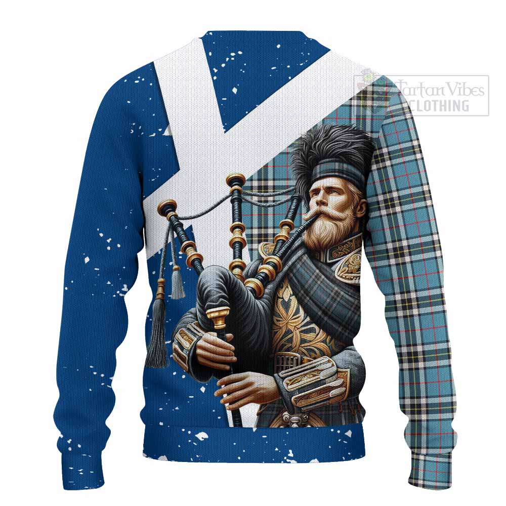 Tartan Vibes Clothing Thompson (Thomson) Tartan Knitted Sweater with Family Crest Scottish Bagpiper Vibes