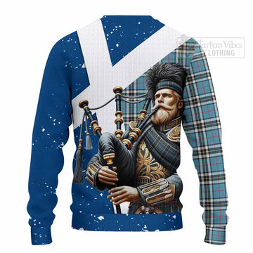 Tartan Vibes Clothing Thompson (Thomson) Tartan Knitted Sweater with Family Crest Scottish Bagpiper Vibes