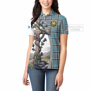 Tartan Vibes Clothing Thompson (Thomson) Tartan Women's Polo Shirt with Family Crest and St. Andrew's Cross Accented by Thistle Vines