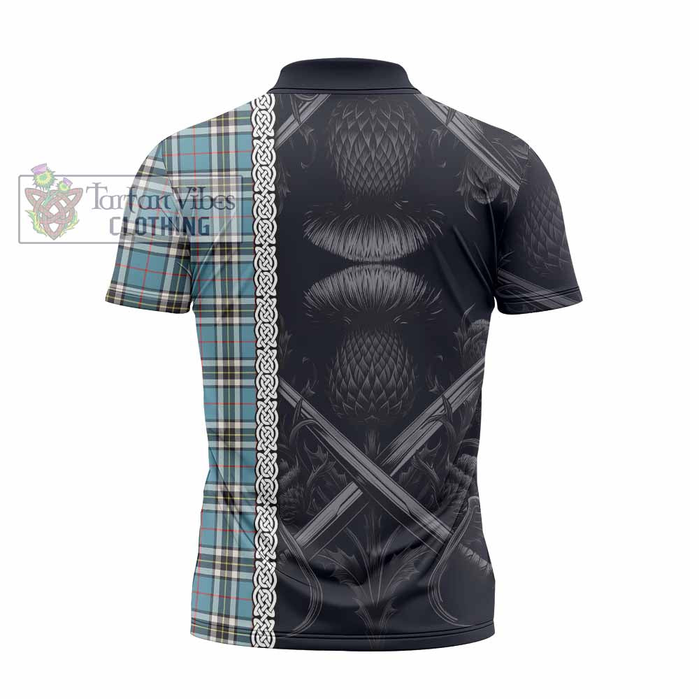 Tartan Vibes Clothing Thompson (Thomson) Tartan Zipper Polo Shirt with Family Crest Cross Sword Thistle Celtic Vibes