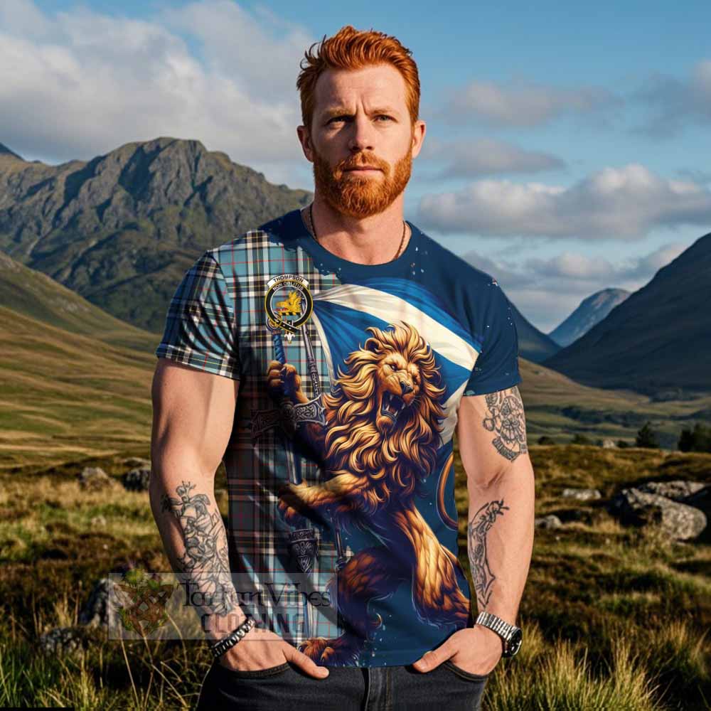 Tartan Vibes Clothing Thompson (Thomson) Tartan Family Crest T-Shirt with Scottish Majestic Lion