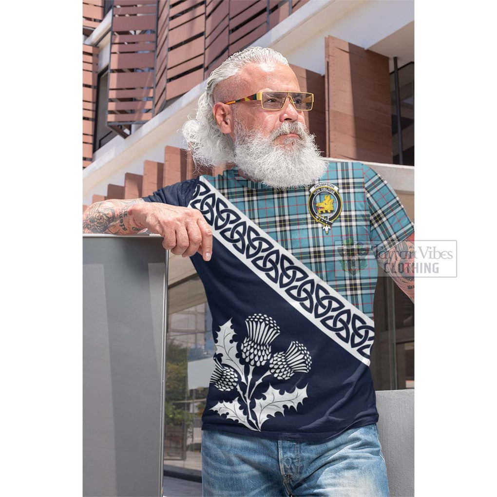 Tartan Vibes Clothing Thompson (Thomson) Tartan Cotton T-shirt Featuring Thistle and Scotland Map