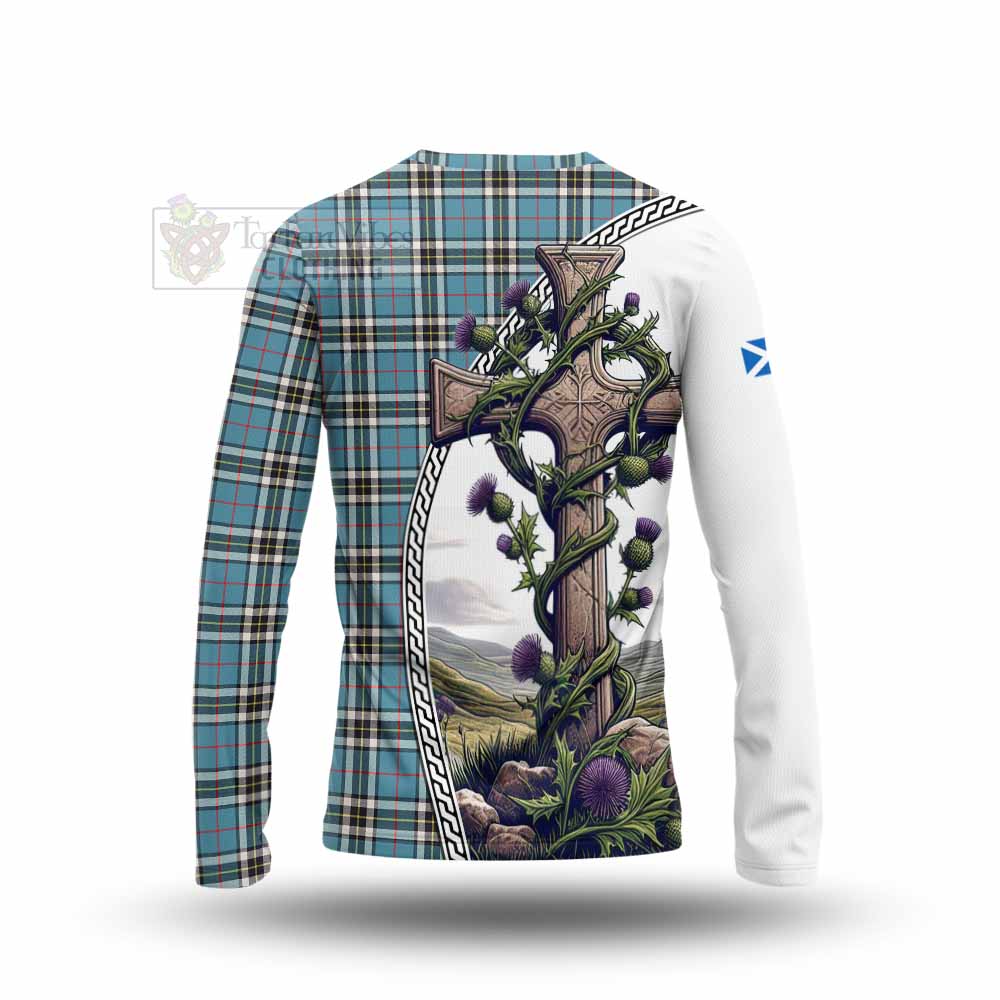 Tartan Vibes Clothing Thompson (Thomson) Tartan Long Sleeve T-Shirt with Family Crest and St. Andrew's Cross Accented by Thistle Vines