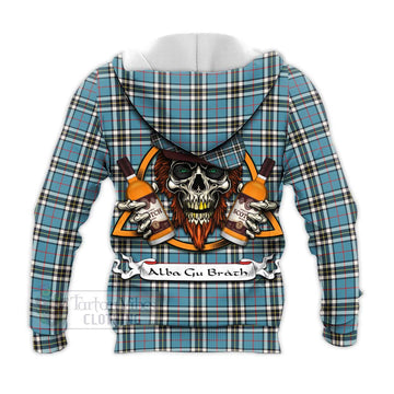 Tartan Vibes Clothing Thompson (Thomson) Tartan Knitted Hoodie with Family Crest and Bearded Skull Holding Bottles of Whiskey