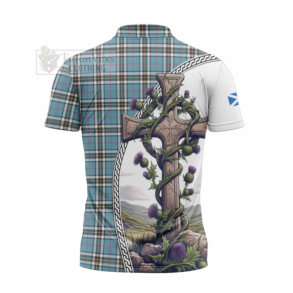 Tartan Vibes Clothing Thompson (Thomson) Tartan Zipper Polo Shirt with Family Crest and St. Andrew's Cross Accented by Thistle Vines