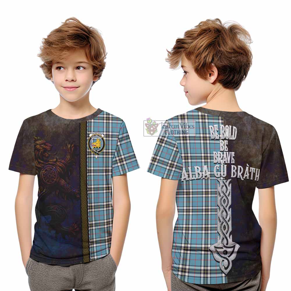 Tartan Vibes Clothing Thompson (Thomson) Tartan Family Crest Kid T-Shirt Alba Gu Brath Be Brave Lion Ancient Style