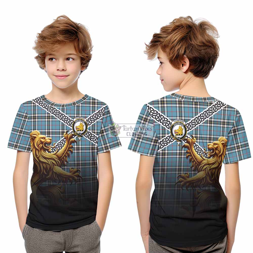 Tartan Vibes Clothing Thompson (Thomson) Crest Tartan Kid T-Shirt with Golden Lion Emblem Celtic Style