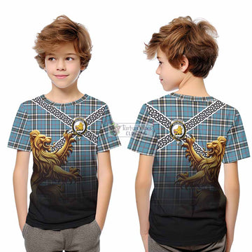 Tartan Vibes Clothing Thompson (Thomson) Crest Tartan Kid T-Shirt with Golden Lion Emblem Celtic Style