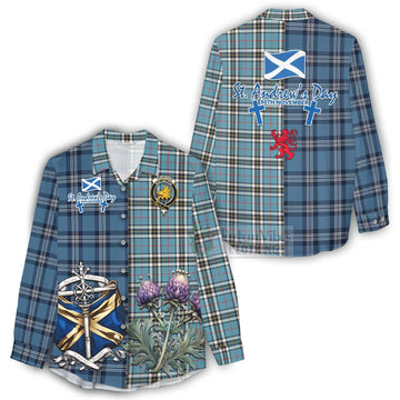 Tartan Vibes Clothing Thompson (Thomson) Tartan Women's Casual Shirt Happy St. Andrew's Day Half Tartan Style
